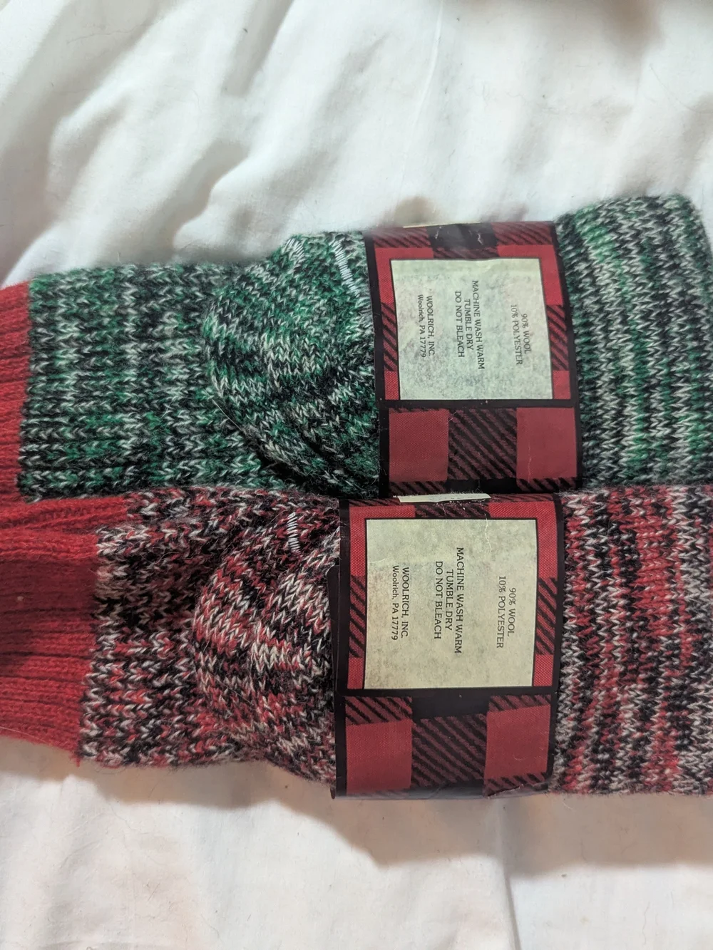 New Set Of 2 Woolrich Marled Crew Socks with Red Cuffs - Green and Red Blends